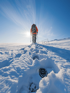 孤立的雪鞋徒步旅行者在雪地上行走