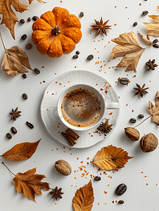 秋季平铺配有咖啡和秋季装饰