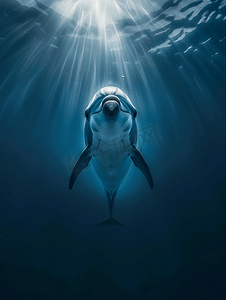 一只孤立的海豚在深蓝色的海底潜水中看着你
