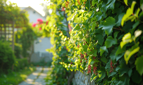 夏天房子附近有一片生机勃勃的绿色葡萄树篱