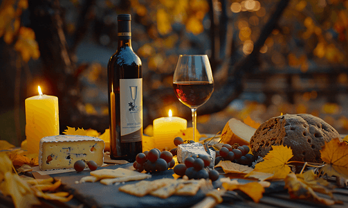秋天的蜡烛和奶酪瓶酒