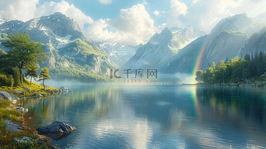 山湖卡通背景图片_风景秀丽山湖合成创意素材