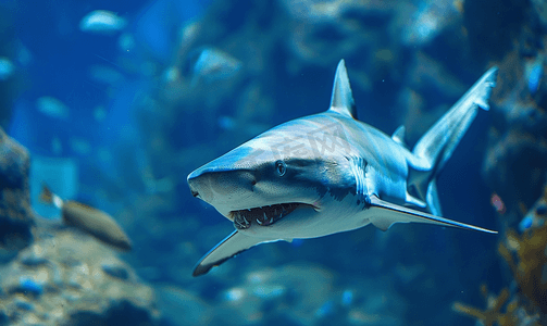 灰色鲨鱼下颚准备在蓝色中发起攻击