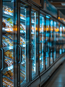 超市蔬菜货架摄影照片_超市商用冰箱冰柜展示冷冻食品抽象模糊背景
