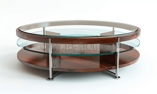 玻璃风格摄影照片_棕色木质双人桌带有圆形金属边缘和几个玻璃架子