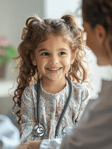 微笑的小女孩拿着听诊器看着医