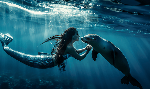 美丽的美人鱼与海狮在深蓝色的海水中游泳