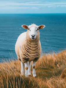 喇叭绿色摄影照片_蓝色大海和草地背景中的一只白色和棕色的绵羊