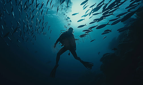 潜水员在水下鱼群中潜水时的肖像