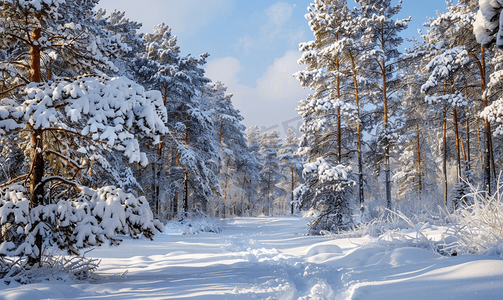冬季雪林中的松树和橡树