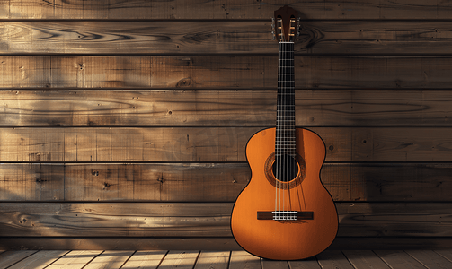 古典吉他立在木墙上