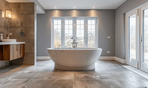 浴缸摄影照片_宽敞的浴室采用灰色色调配有加热地板、独立浴缸