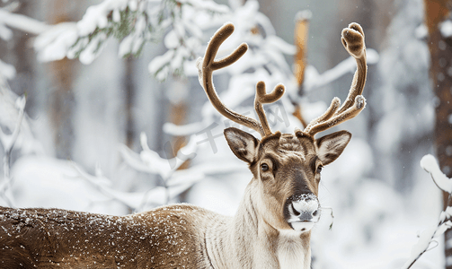 鹿茸摄影照片_冬雪时节的驯鹿肖像