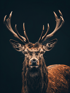 小印度摄影照片_满月黑色背景下的雄性红鹿肖像看着你