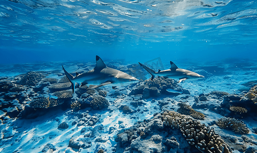 在法属波利尼西亚与鲨鱼一起在水下游泳