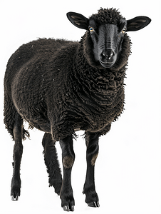 一只黑羊站着兴致勃勃地吃草背景为白色