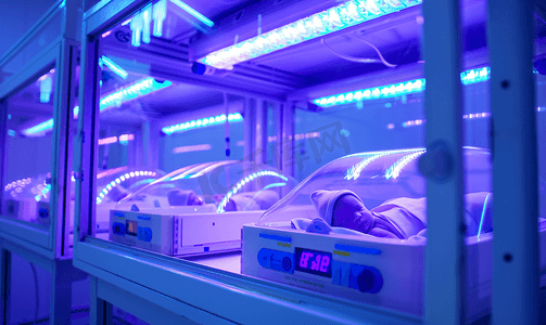 监控摄影照片_孵化器中紫外灯下的新生儿婴儿