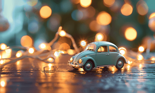 带框的背景背景摄影照片_带圣诞灯的木质背景微型汽车