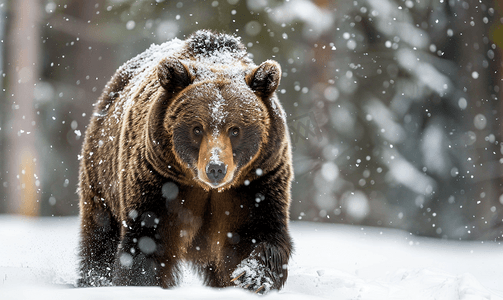 黑熊棕灰熊肖像在雪地里看着你