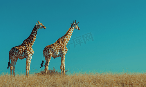 在深蓝天背景的两只长颈鹿