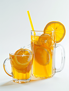 普生摄影照片_清凉的夏季饮料在水罐和杯子中制作康普茶白色背景上有稻草