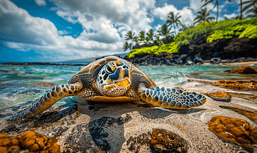夏威夷海岸大岛上的绿海龟