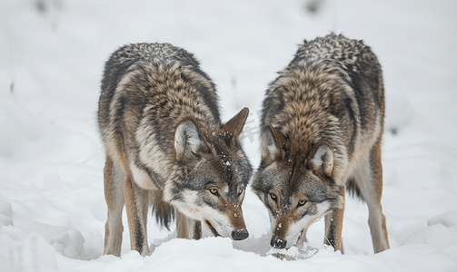 回家吃饭摄影照片_两只灰狼在雪地里吃饭时被孤立