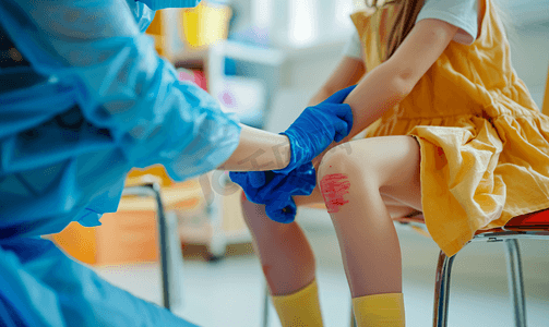 家庭医生在诊所检查儿童腿部的红皮疹