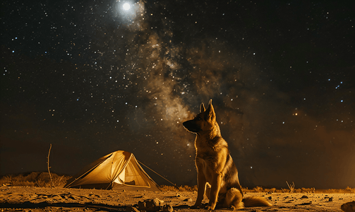 天空沙漠背景摄影照片_晚上在沙漠帐篷营地的狗