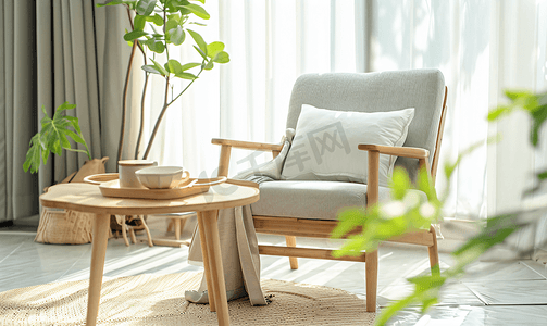 横版红包设计摄影照片_舒适的斯堪的纳维亚风格和现代设计家居实木硬木和布艺椅子
