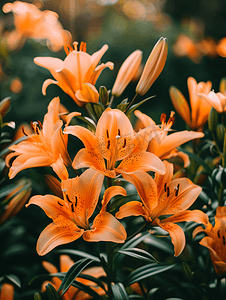 户外有橙色百合鲜花的灌木丛