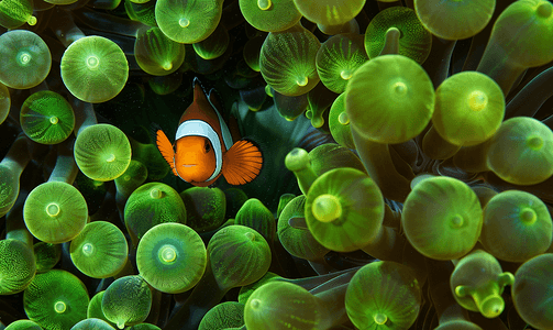 礁石背景上绿色海葵内的小丑鱼