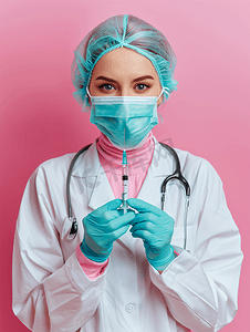 医疗保健医学女医生口罩持注射器与注射