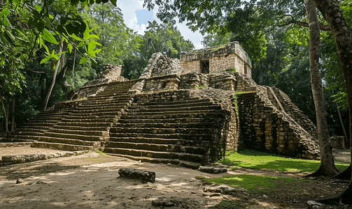墨西哥玛雅金字塔石头建筑被植被包围丛林深处