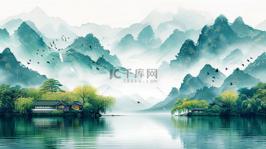 背景流水背景图片_高山流水村庄合成创意素材背景