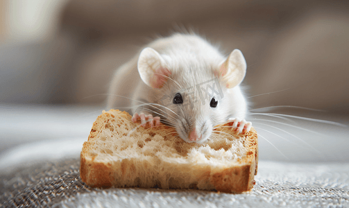 白色家鼠吃面包家中宠物动物