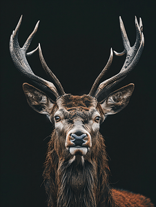 鹿茸摄影照片_满月黑色背景下的雄性红鹿肖像看着你