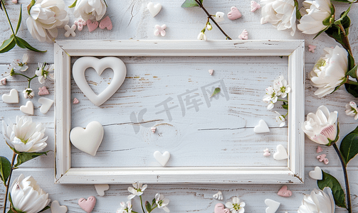 情人节花框摄影照片_有心和花的白色木制框架