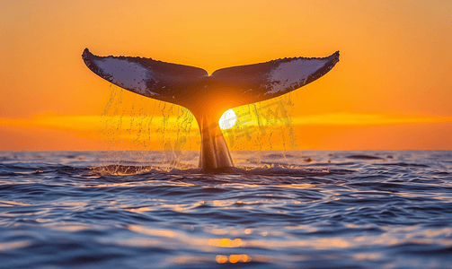 世界动物保护摄影照片_墨西哥南下加利福尼亚州日落时分蓝鲸尾巴是世界上最大的动物