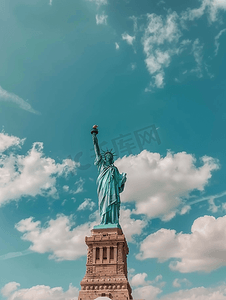 纽约自由女神像摄影照片_自由女神像特写垂直孤立在蓝色云层背景中