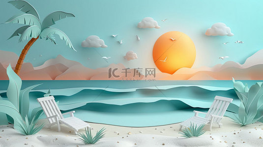 海滩创意背景图片_夏日海滩纸片合成创意素材背景