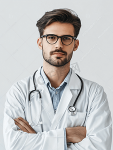 一名戴眼镜和白色外衣看镜头的医生的肖像