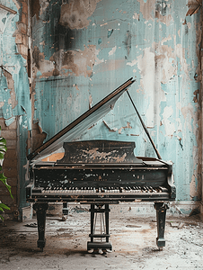 老式钢琴摄影照片_老式房间里的三角钢琴或普通钢琴墙壁未上漆有污垢和潮湿