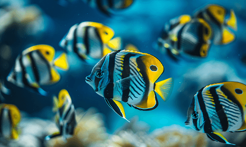 海鱼群摄影照片_马尔代夫蓝色海洋珊瑚礁中的天使鱼群