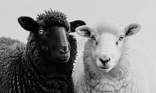 花色喇叭摄影照片_黑色和白色的羊在咩咩叫