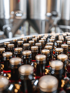 洋河酒厂摄影照片_酒厂酿酒过程中排列在金属容器中的瓶子