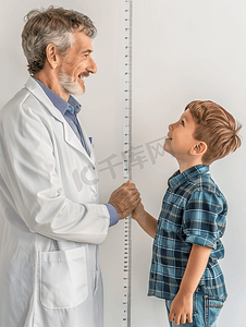 为小男孩衡量身高的医生