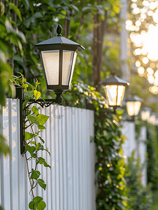 花草植物边框摄影照片_带植物的篱笆带灯的篱笆