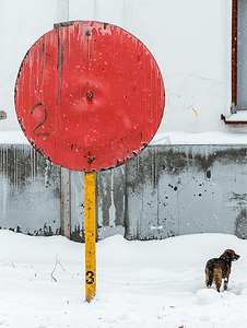 禁止狗在建筑物附近区域行走的圆形红色标志雪地上有黄色标记