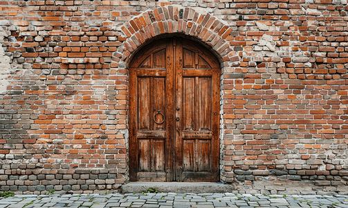 在中世纪房子砖墙上的木门